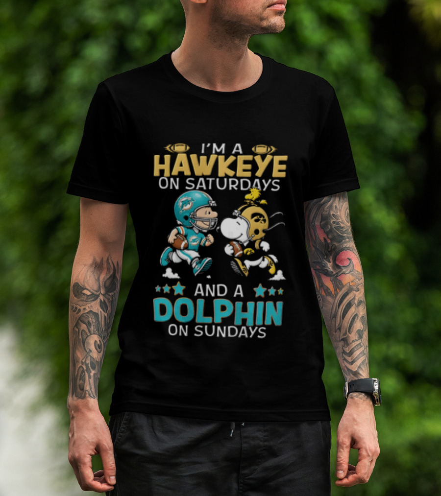 Hawkeye On Saturdays Dolphin On Sundays Charlie Brown Snoopy Woodstock Football T-Shirt