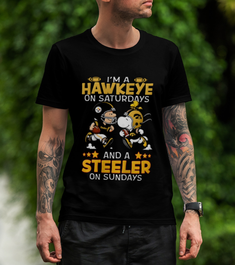 I'm A Hawkeye On Saturdays And A Steeler On Sundays Charlie Brown Snoopy Woodstock Football T-Shirt