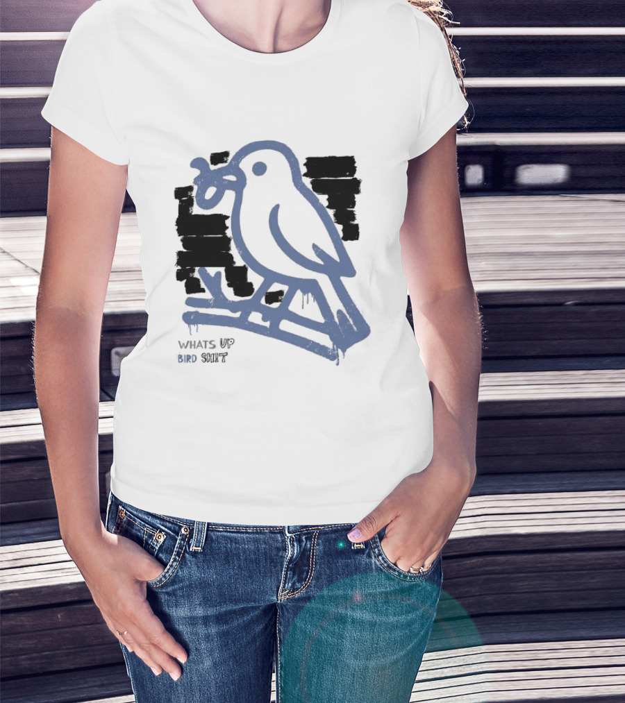 Drewtube What Up Bird Shit Funny Sparrow Holding Curling Shovel T-Shirt