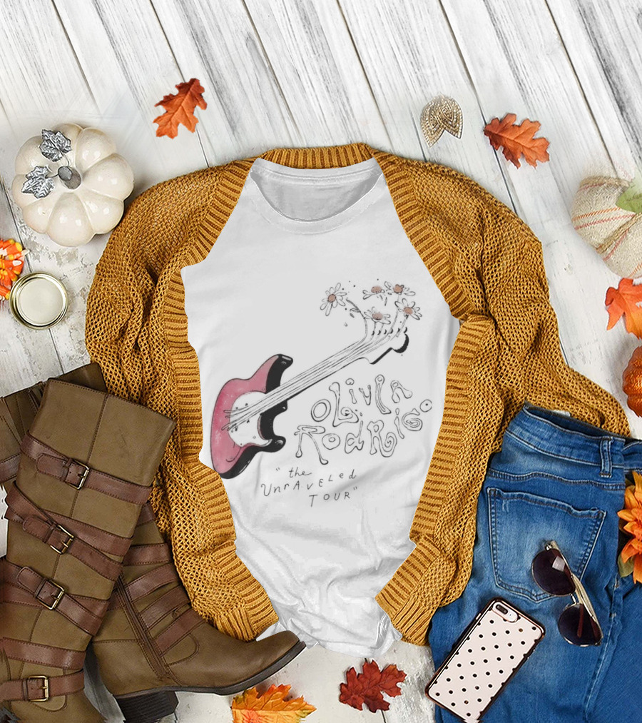 Olivia Rodrigo The Unraveled Tour Guitar Sketch With Flower Accents T-Shirt