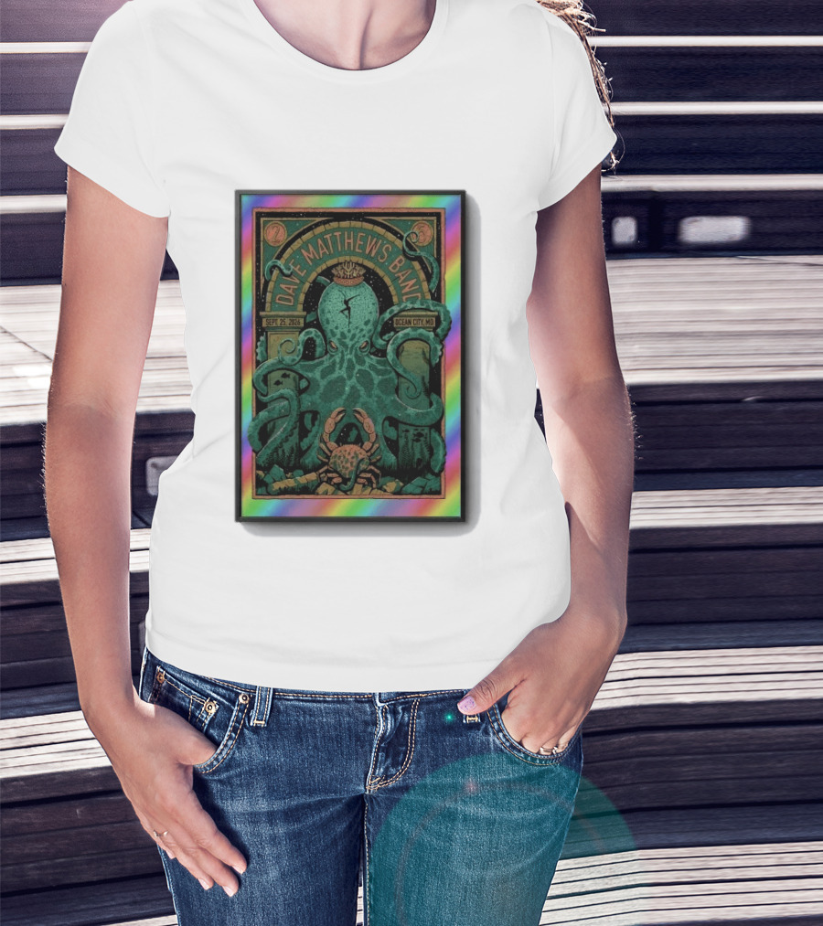 Dave Matthews Band Sept 25 2026 Ocean City MD Octopus And Crab Rainbow Border T-Shirt