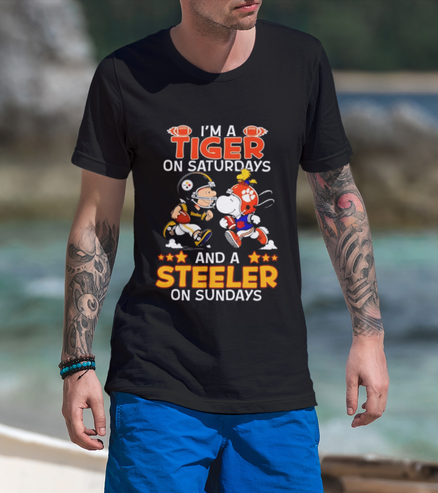 I'm A Tiger On Saturdays And A Steeler On Sundays Charlie Brown Snoopy Football T-Shirt