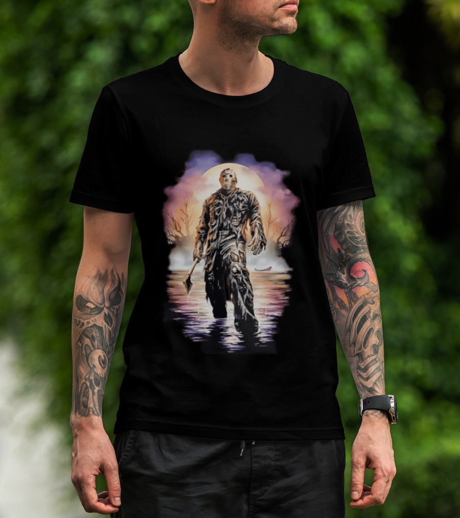 Friday The 13th Jason Voorhees Horror Halloween Mask Machete Lake Scene T-Shirt