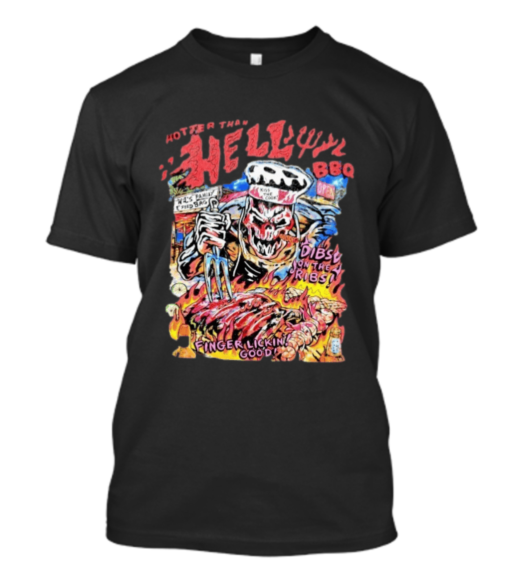 Hotter Than Hell BBQ Kiss The Cook Dibs On The Ribs Finger Lickin Good T-Shirt