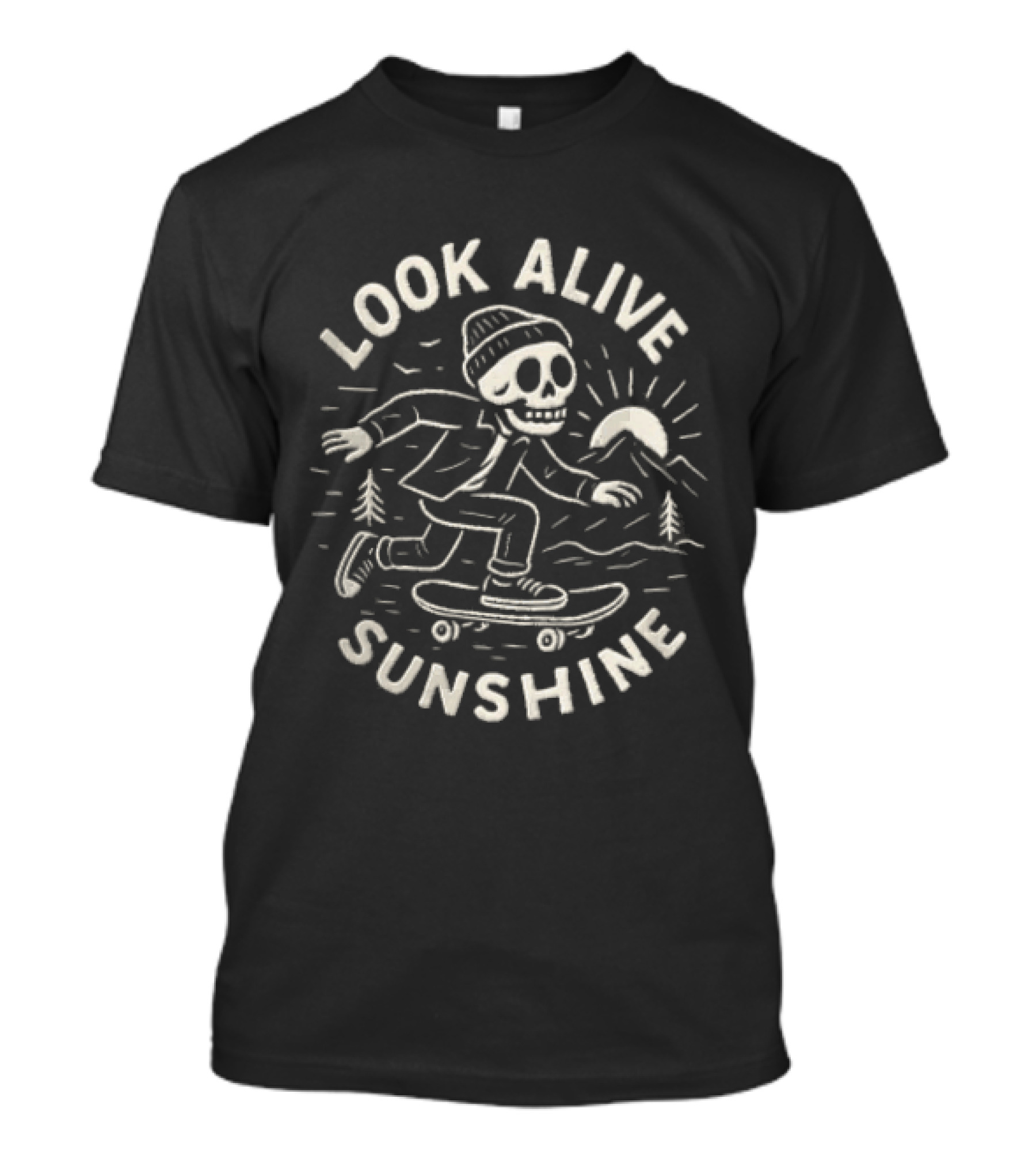 Look Alive Sunshine Skeleton Skateboarding With Beanie And Sunrise Scene T-Shirt