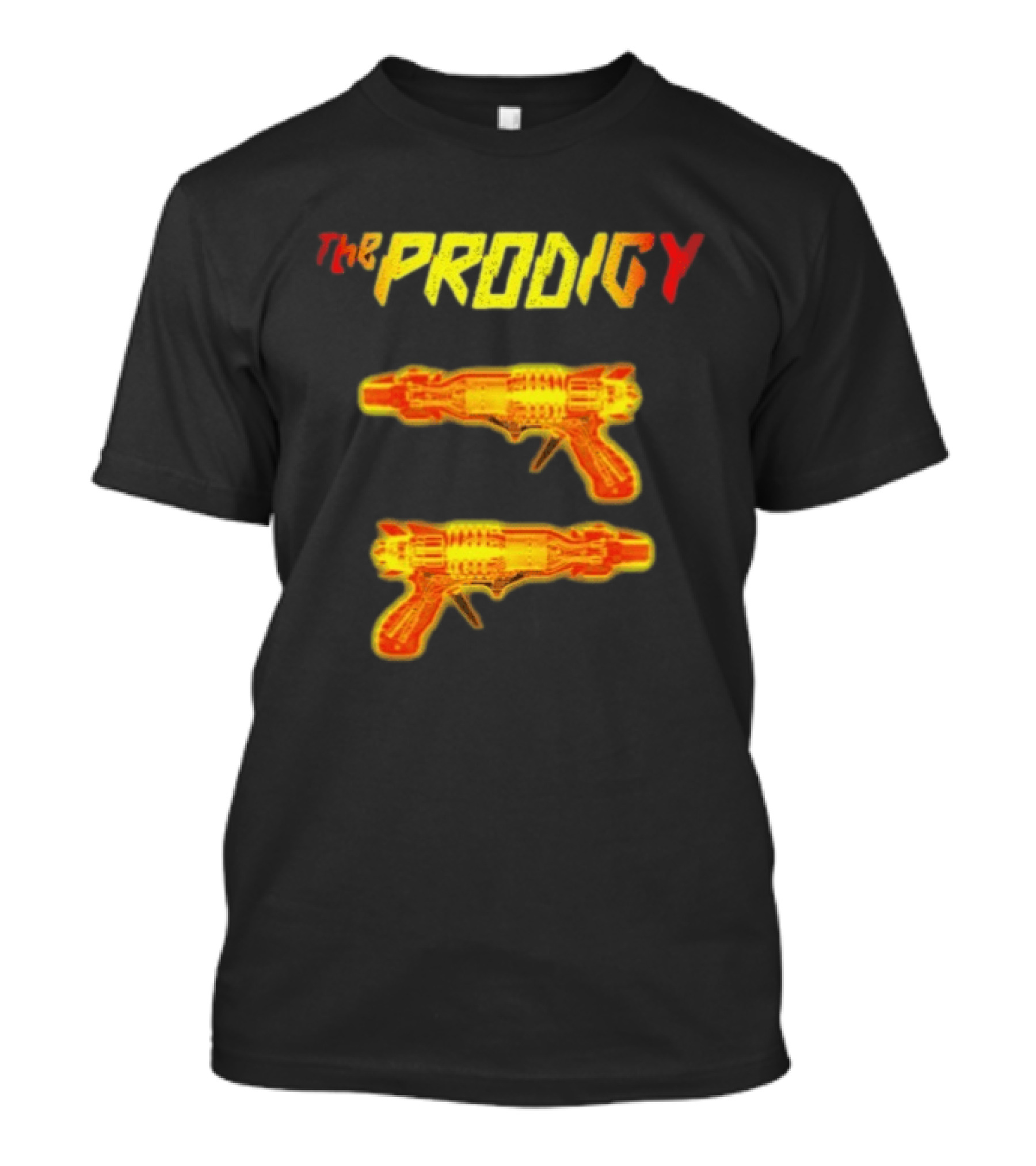 The Prodigy Rayguns Yellow And Red Bold Lettering With Dual Ray Guns T-Shirt
