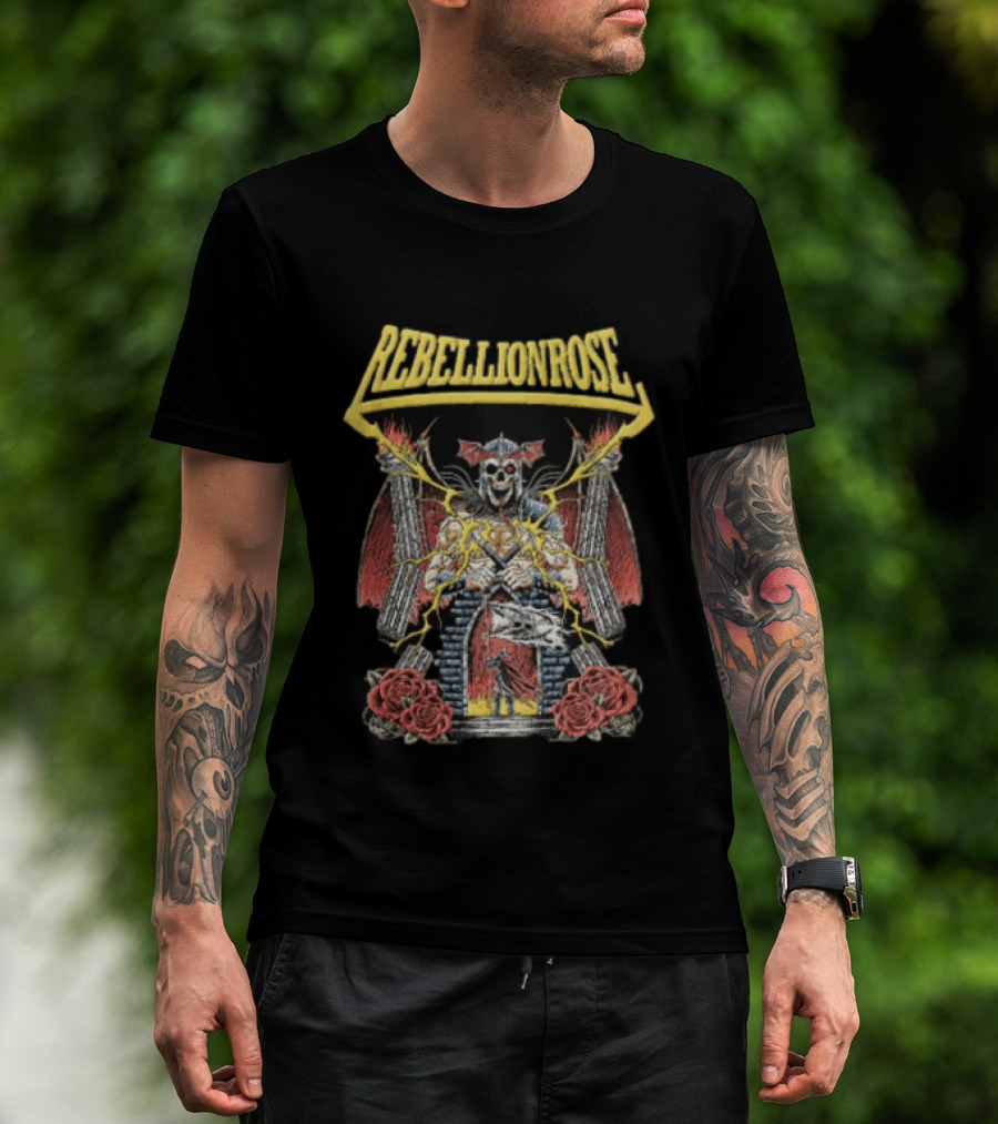 Rebellion Rose Skull Knight Castle With Roses And Lightning T-Shirt