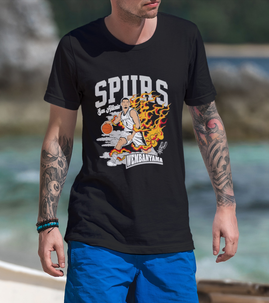Victor Wembanyama San Antonio Spurs No 1 Basketball Flames Caricature T-Shirt