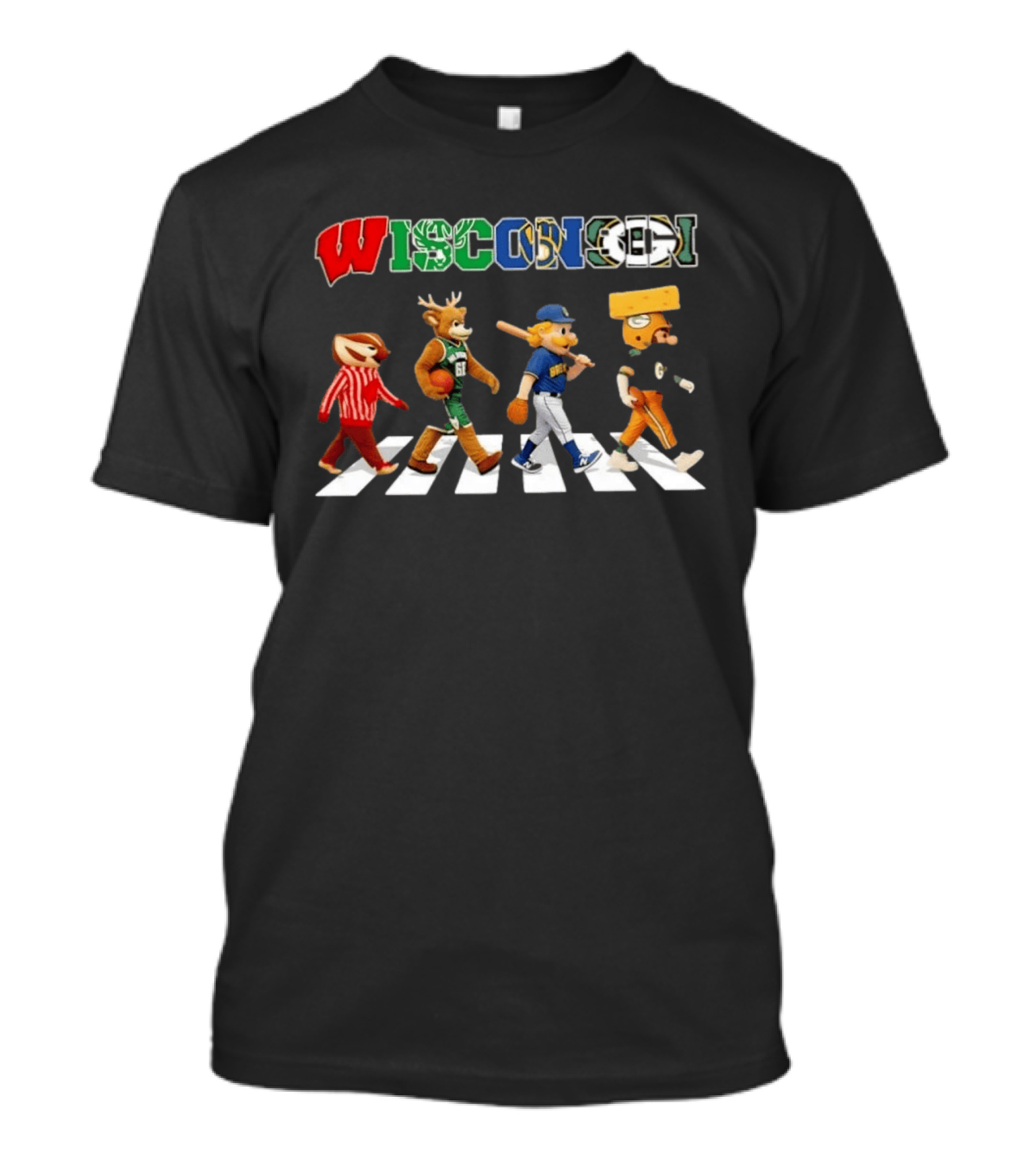 Wisconsin Sports Team Mascots Crossing Abbey Road Collage T-Shirt