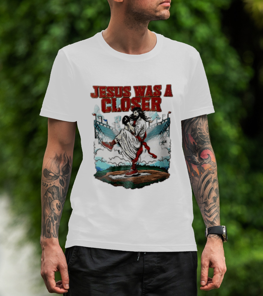 Jesus Was A Closer Baseball Pitcher Heavenly Stadium Scene T-Shirt