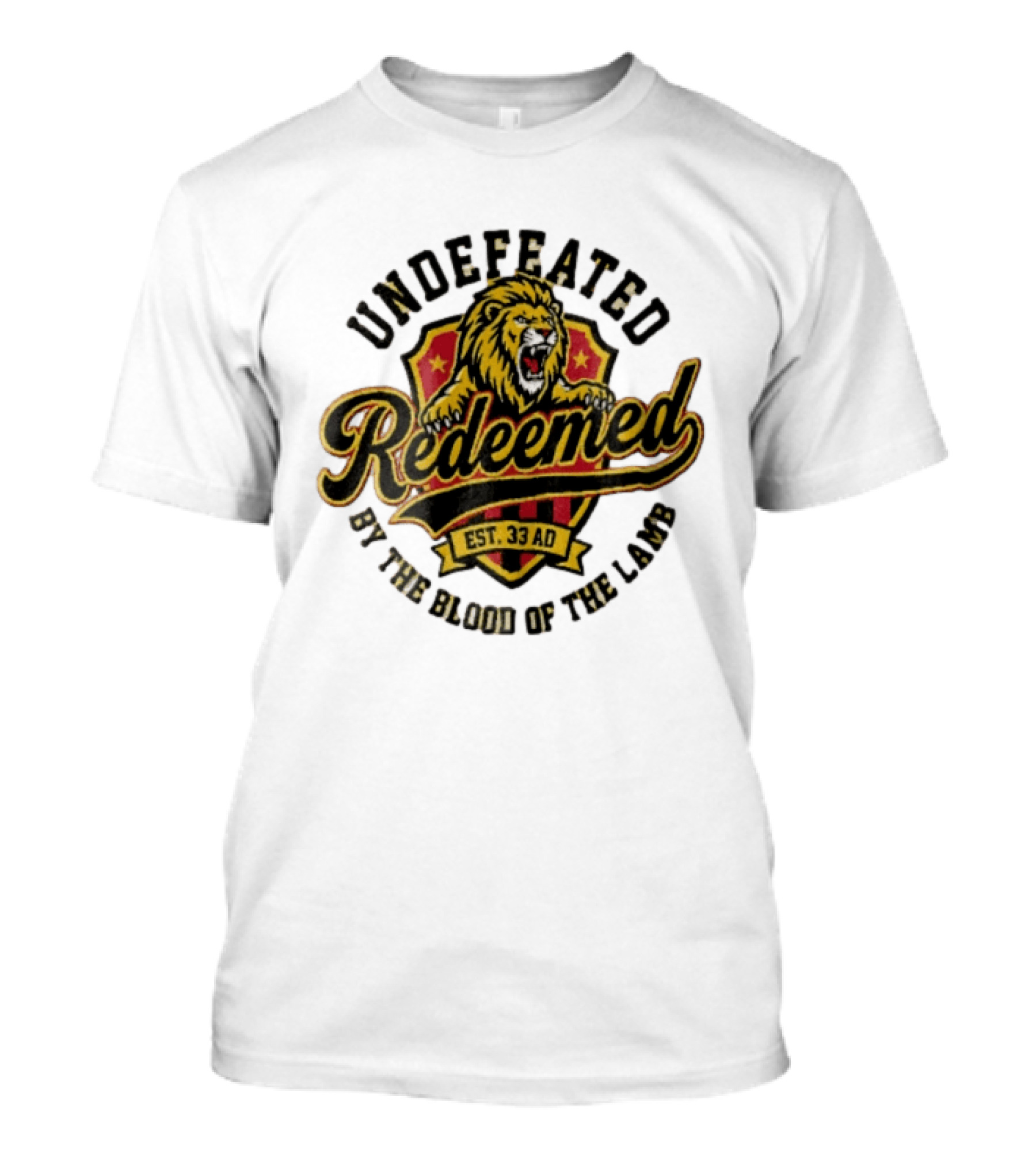 Undefeated Redeemed Lion Crest EST 33 AD By The Blood Of The Lamb T-Shirt