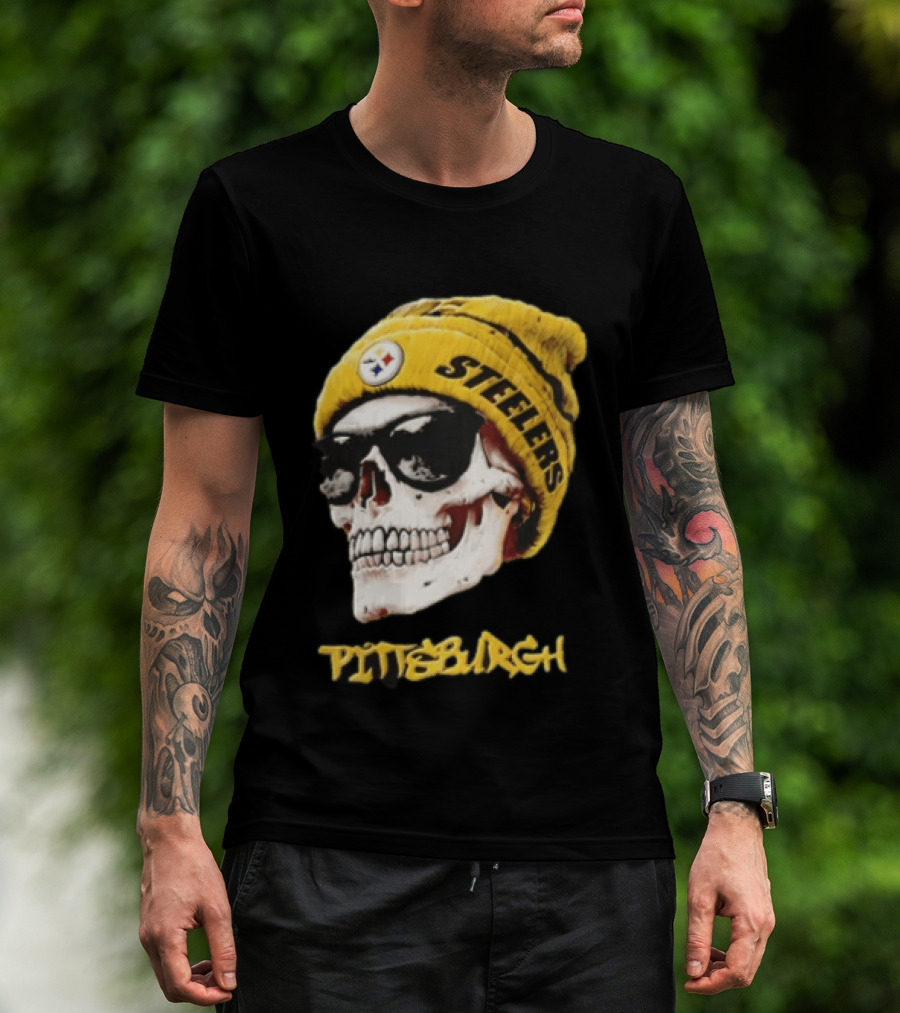 Pittsburgh Steelers Skull Yellow Beanie Sunglasses T-Shirt