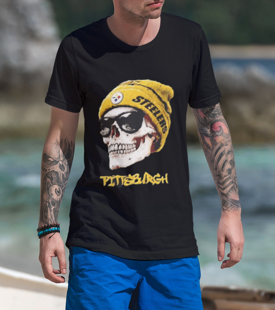 Pittsburgh Steelers Skull Yellow Beanie Sunglasses T-Shirt