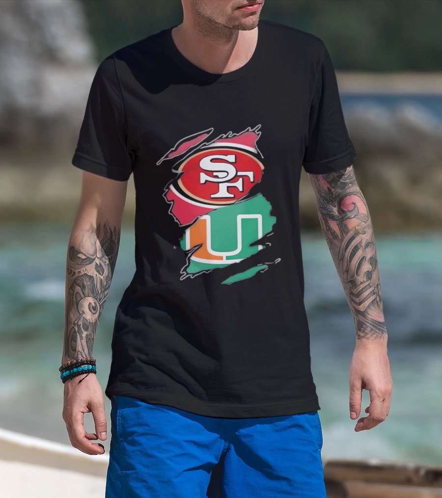 San Francisco 49ers SF And Miami Hurricanes U Distressed Logos T-Shirt