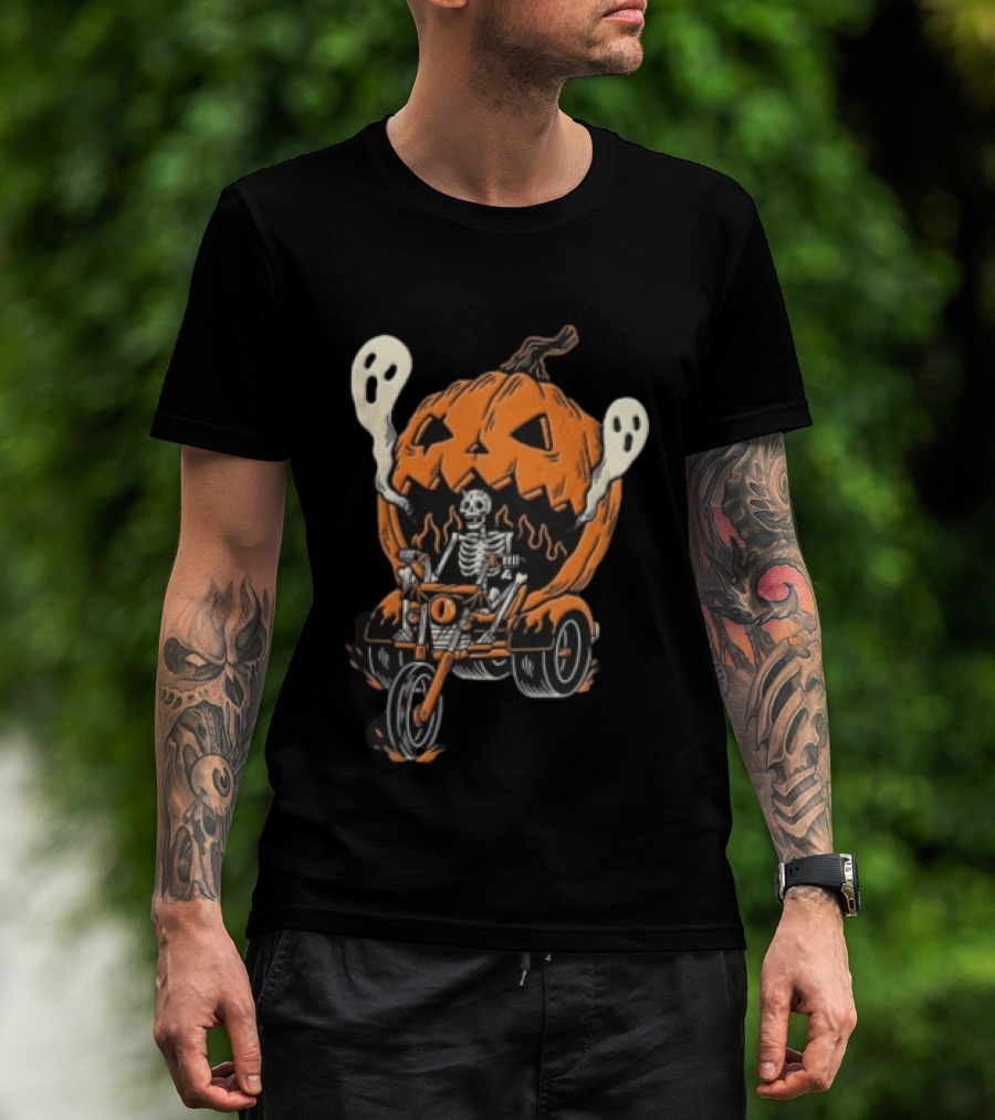 Skeleton Riding Tricycle Inside Giant Pumpkin With Ghosts Halloween T-Shirt