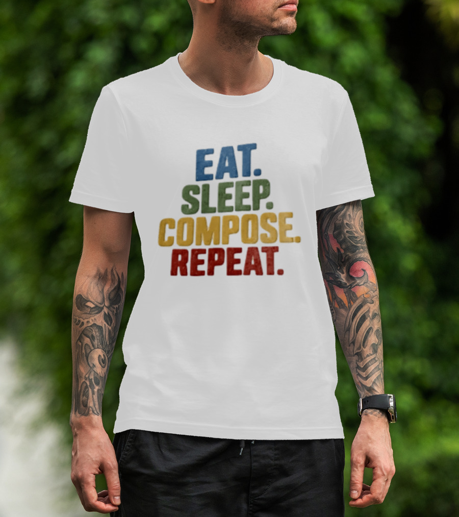 EAT Sleep Compose Repeat Distressed Block Multicolored T-Shirt