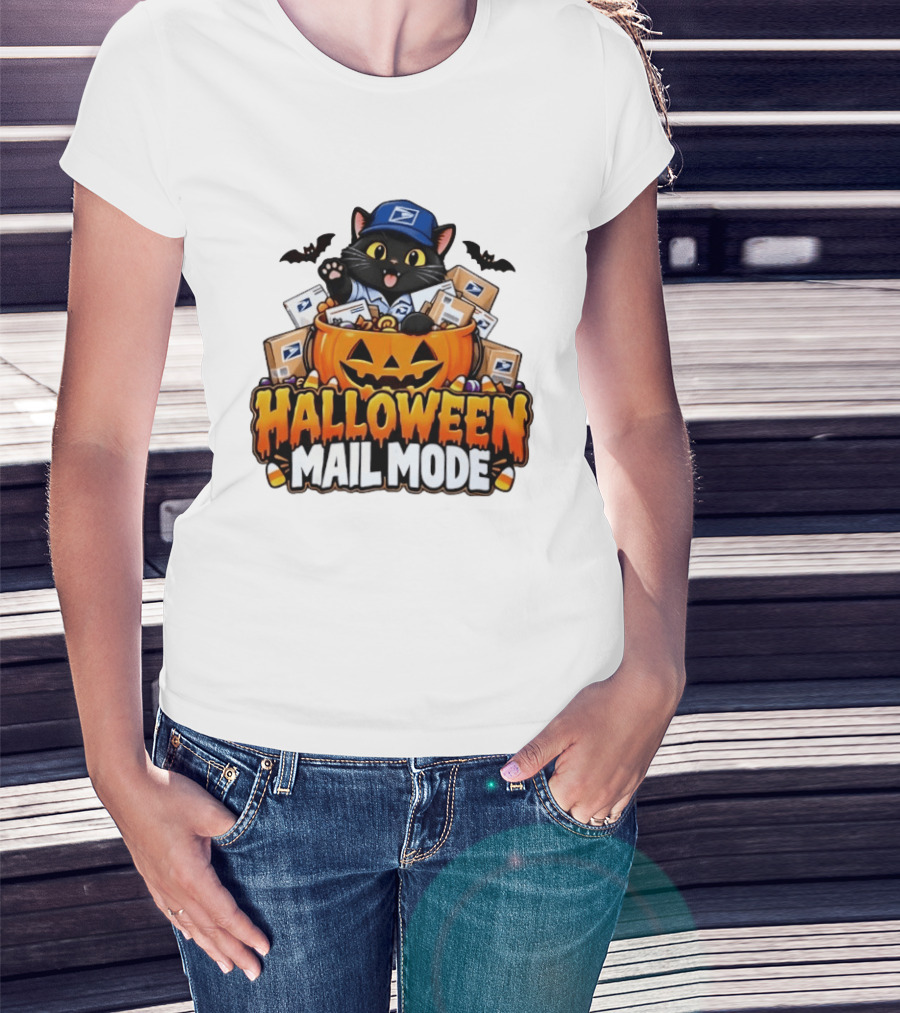 Halloween Mail Mode USPS Black Cat Pumpkin Postal Carrier T-Shirt