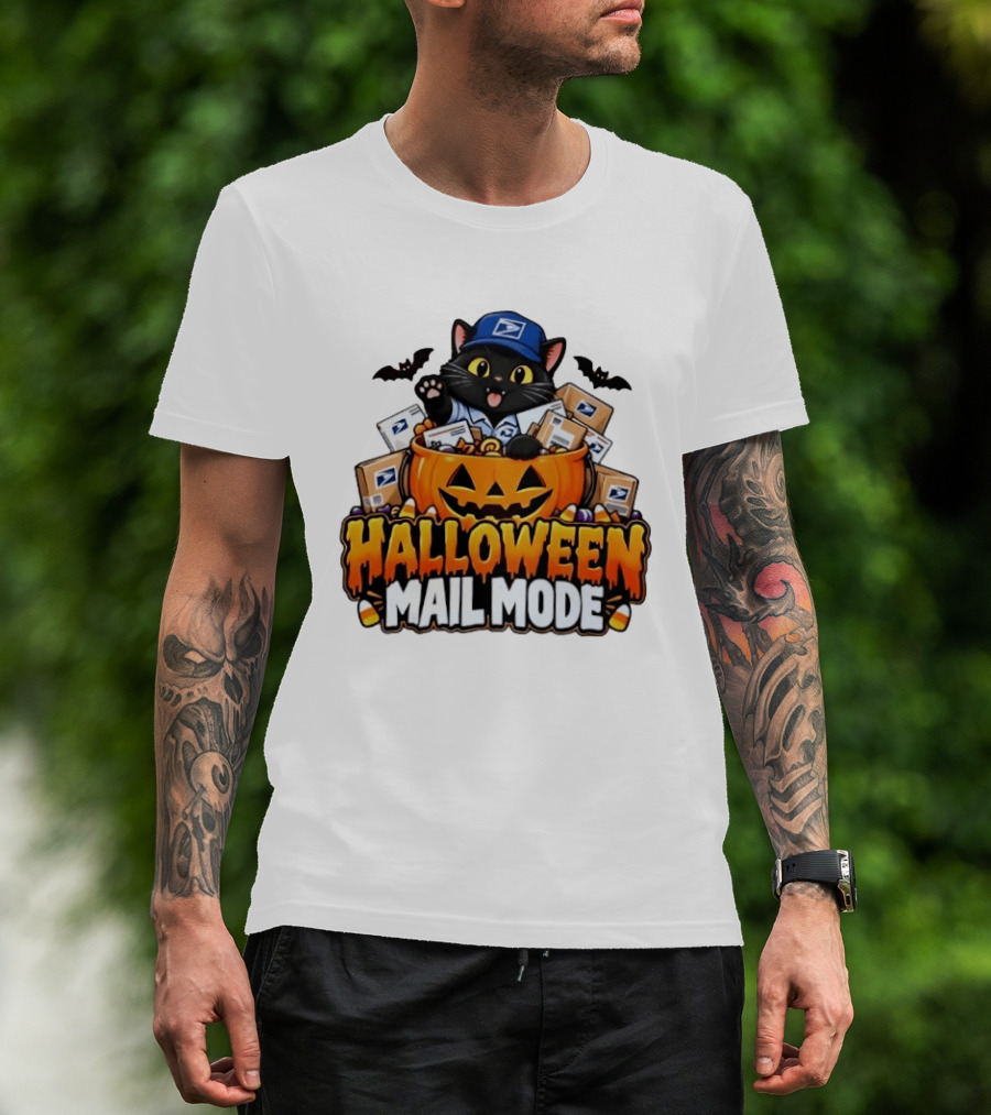 Halloween Mail Mode USPS Black Cat Pumpkin Postal Carrier T-Shirt