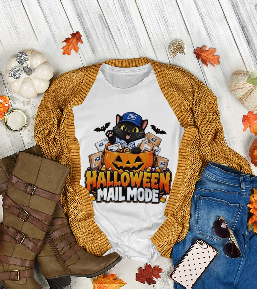 Halloween Mail Mode USPS Black Cat Pumpkin Postal Carrier T-Shirt