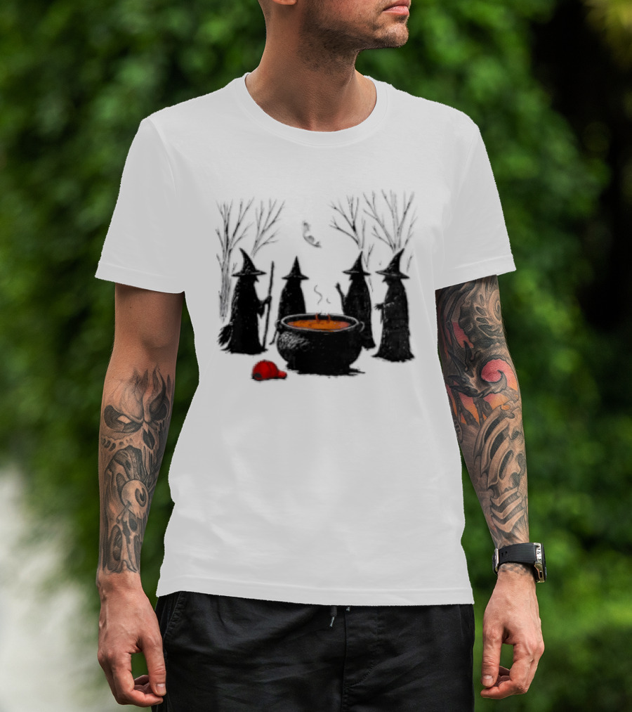 Witches Gathering Around Cauldron And Red Hat Halloween Scene T-Shirt