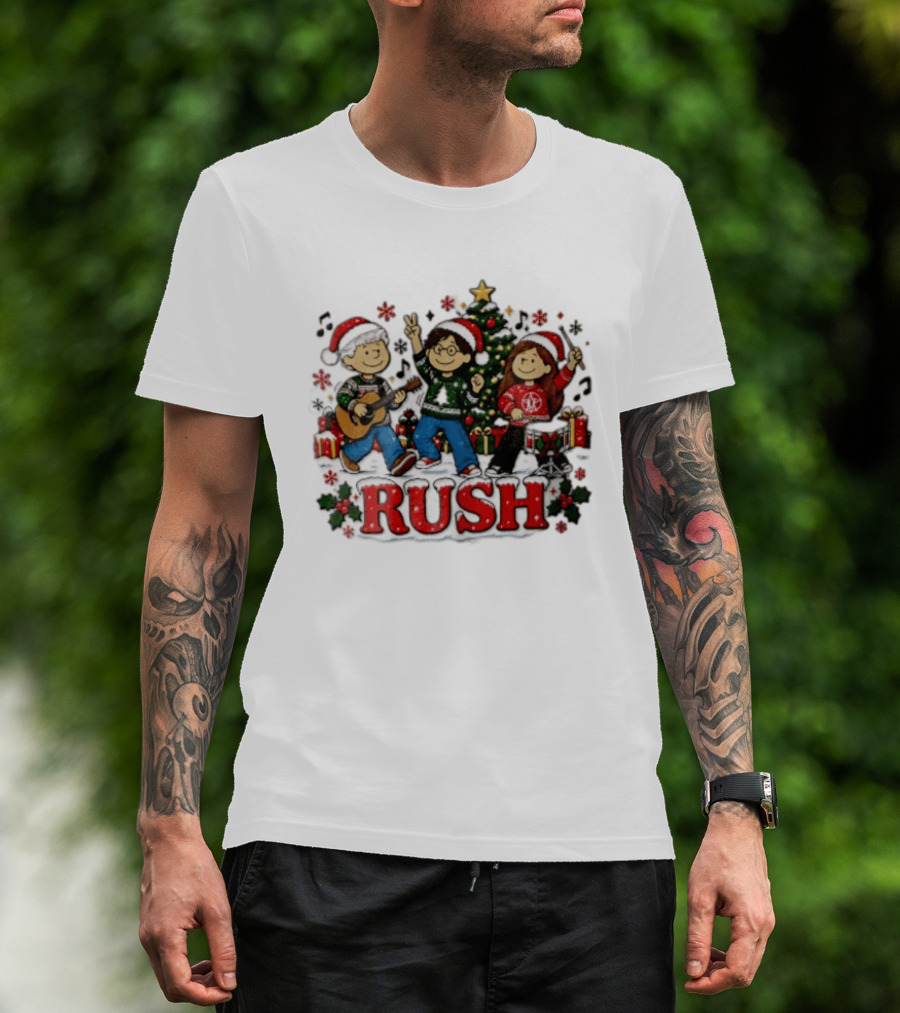 Rush Christmas Cartoon Characters Playing Instruments Festive Holiday Scene T-Shirt