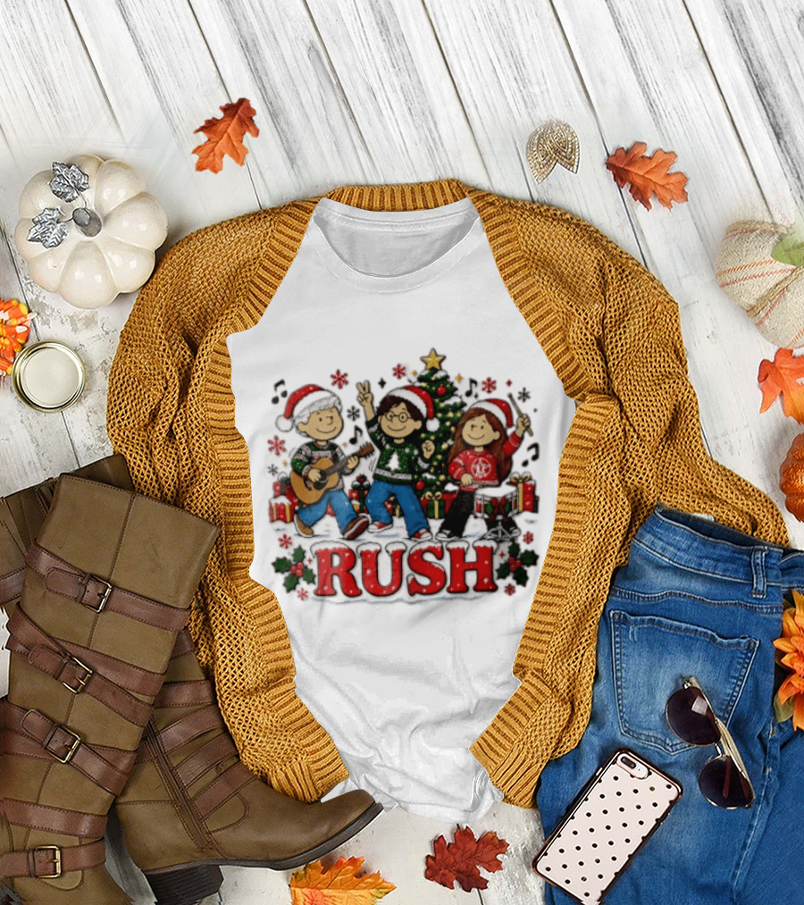 Rush Christmas Cartoon Characters Playing Instruments Festive Holiday Scene T-Shirt