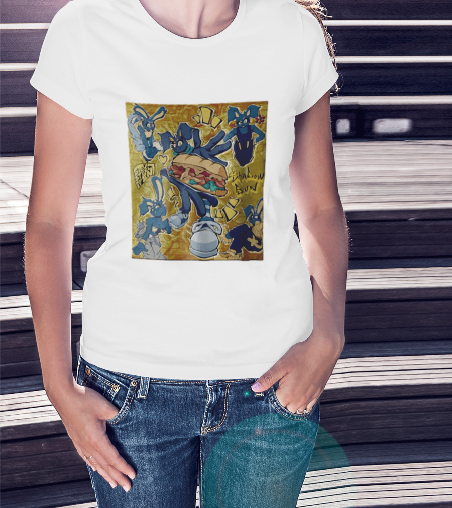 Shadow Bun Blue Rabbit Characters With Sandwich And Stevobeni T-Shirt