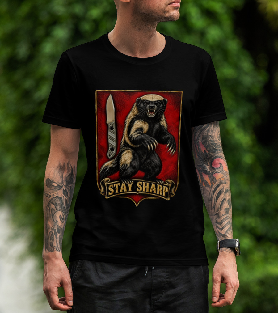Stay Sharp Wolverine Knife Red Shield T-Shirt