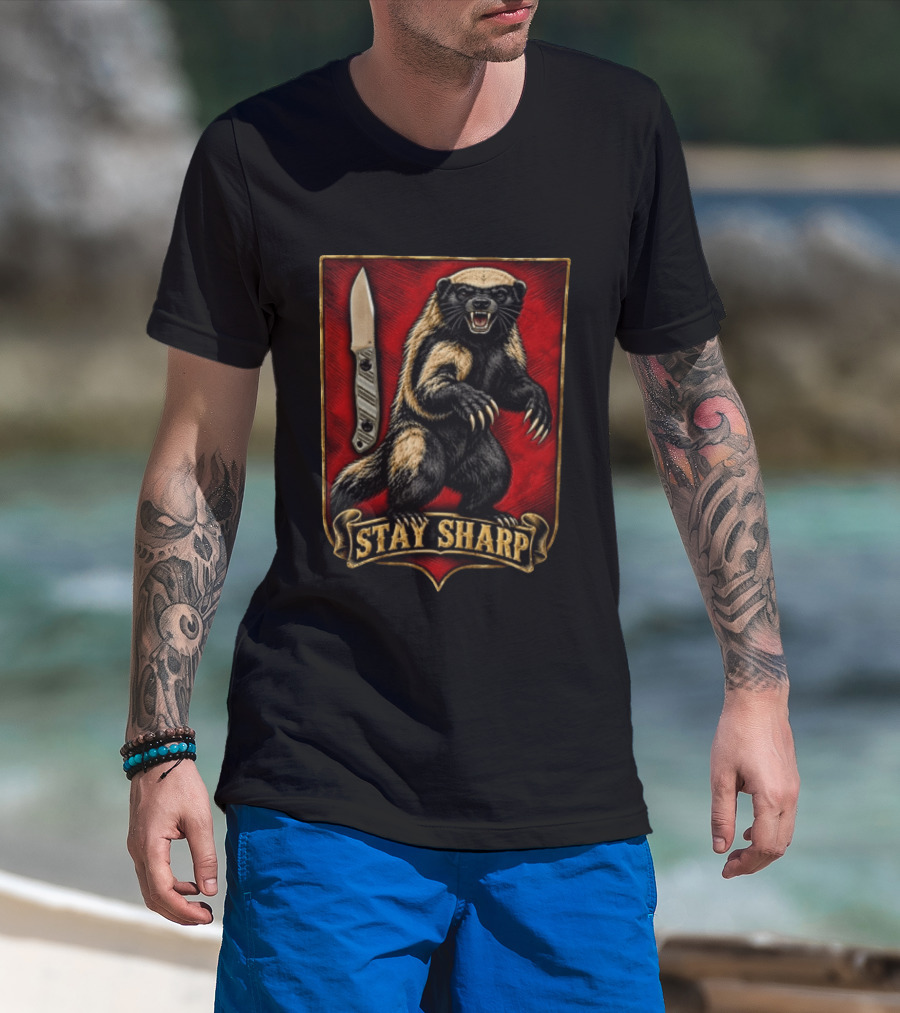 Stay Sharp Wolverine Knife Red Shield T-Shirt