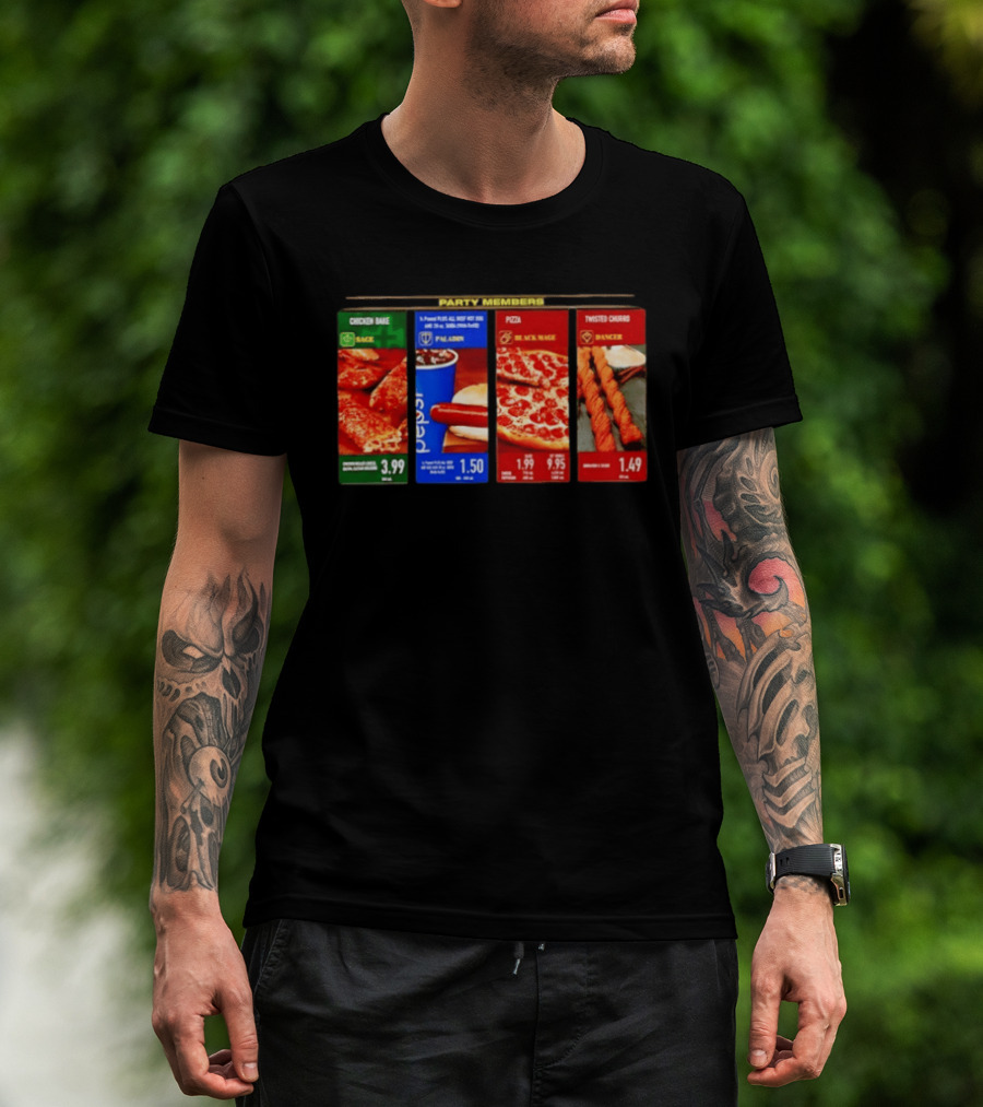 Party Members Menu Chicken Bake Sage Paladin Beverage Hot Dog Black Mage Pepperoni Pizza Dancer Twisted Churro T-Shirt