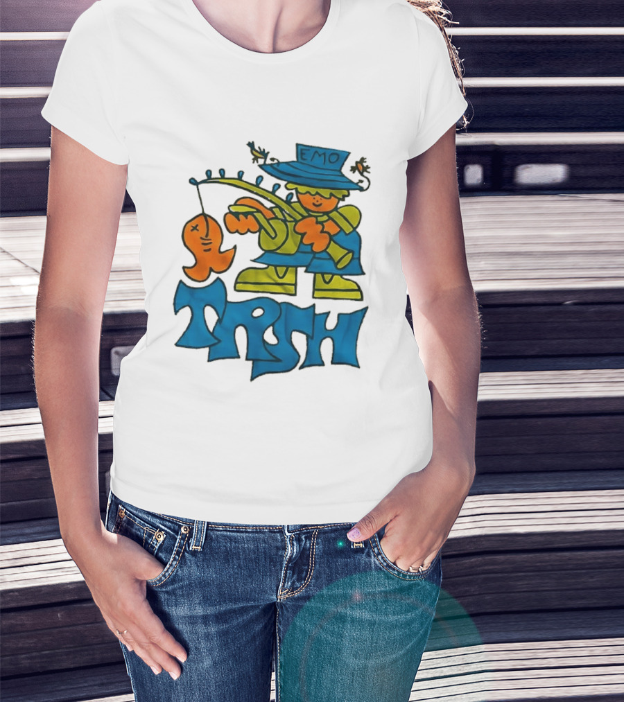 Emo Trsh Cartoon Fisherman Catching Orange Fish Wearing Blue And Green Outfit T-Shirt