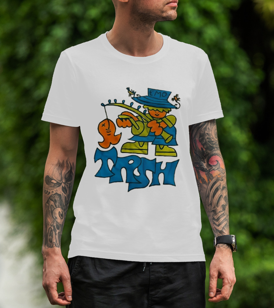 Emo Trsh Cartoon Fisherman Catching Orange Fish Wearing Blue And Green Outfit T-Shirt