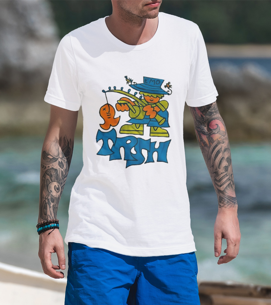 Emo Trsh Cartoon Fisherman Catching Orange Fish Wearing Blue And Green Outfit T-Shirt