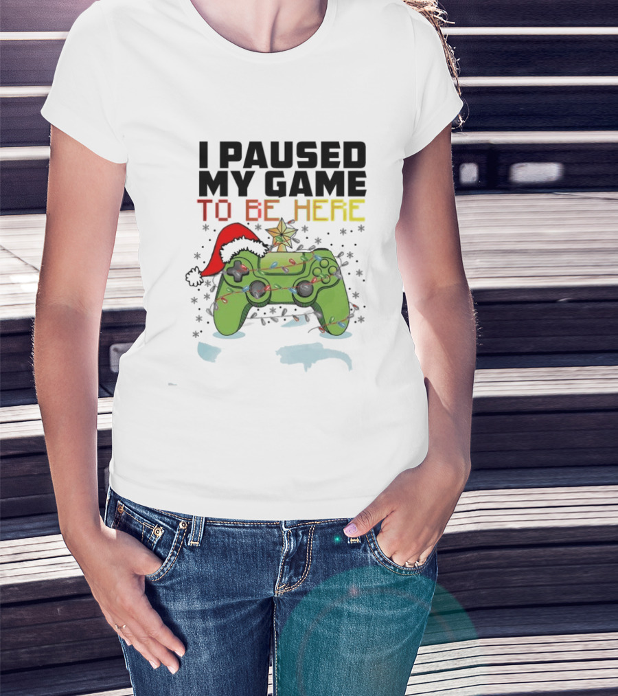 I Paused My Game To Be Here Christmas Gamer Controller Holiday Lights Santa Hat T-Shirt