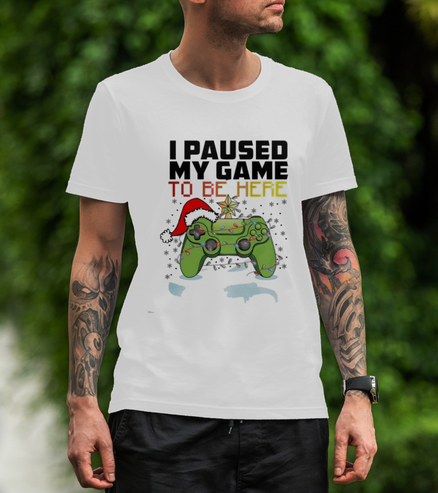 I Paused My Game To Be Here Christmas Gamer Controller Holiday Lights Santa Hat T-Shirt