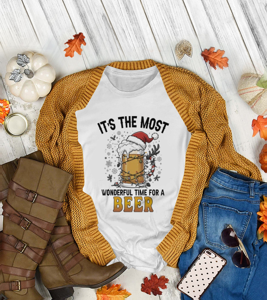 It's The Most Wonderful Time For A Beer Christmas Santa Hat Festive Cheers T-Shirt