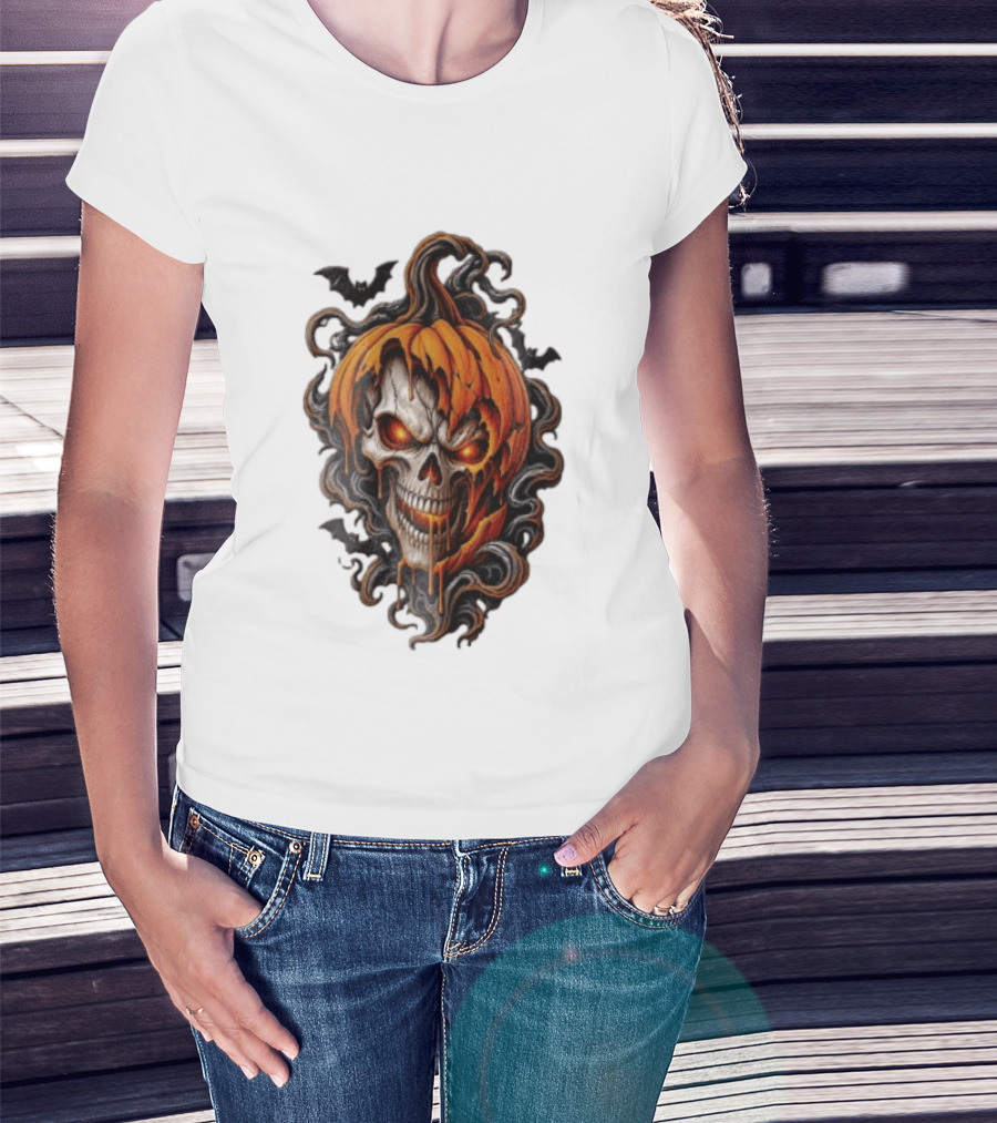 Skull Rage Halloween Pumpkin With Bats And Flames T-Shirt