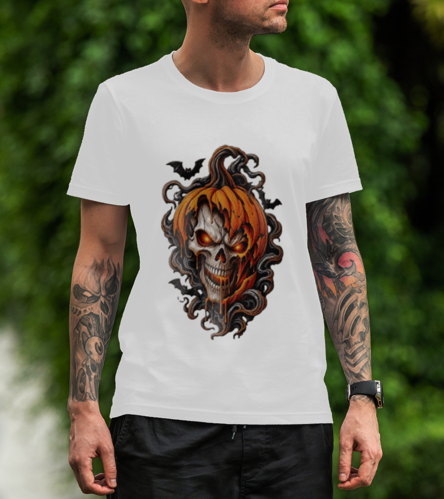 Skull Rage Halloween Pumpkin With Bats And Flames T-Shirt