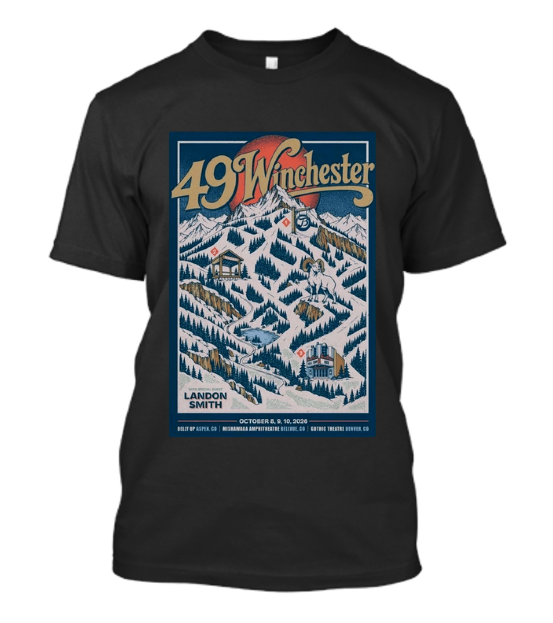 49 Winchester Aspen CO Landon Smith October 8 10 2026 Mishawaka Amphitheatre Belly Up Gothic Theatre Denver T-Shirt