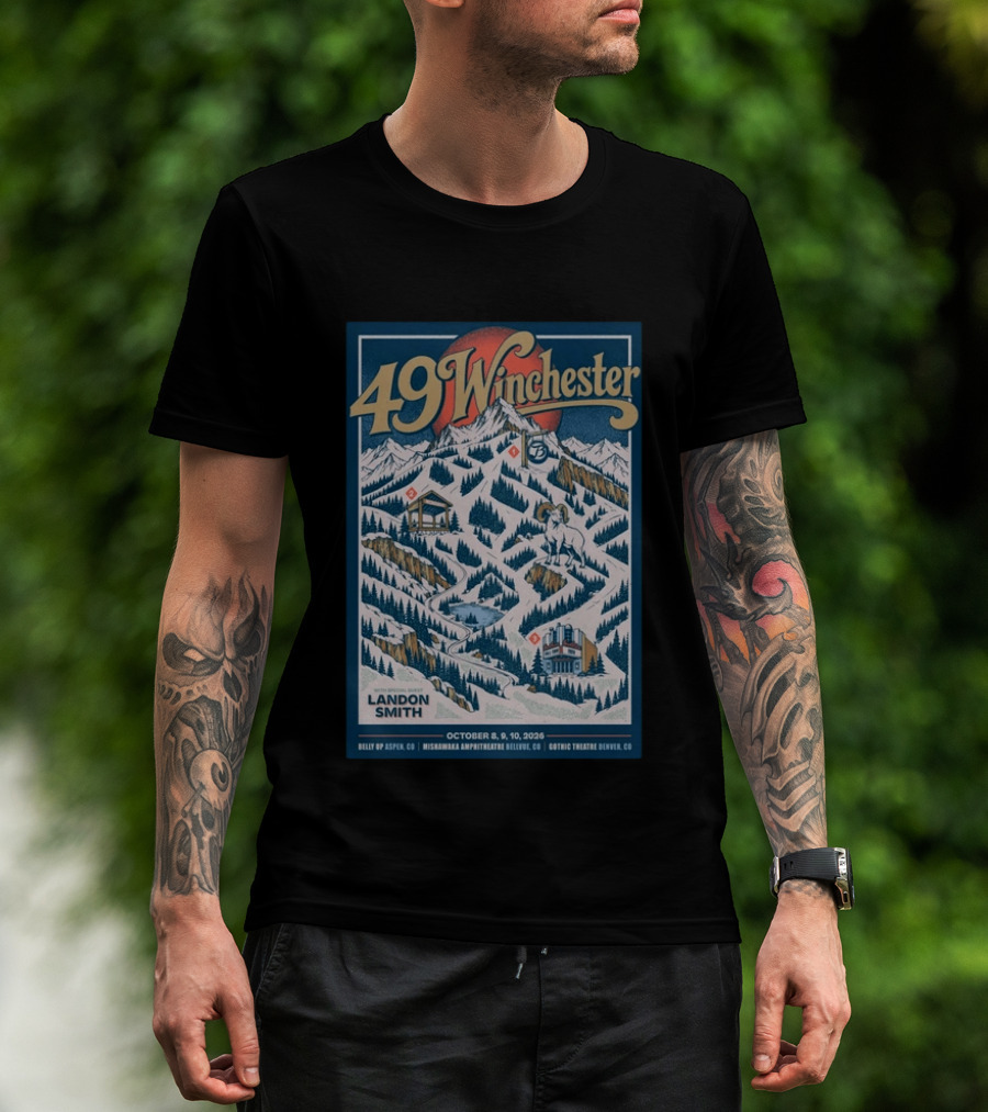 49 Winchester Aspen CO Landon Smith October 8 10 2026 Mishawaka Amphitheatre Belly Up Gothic Theatre Denver T-Shirt