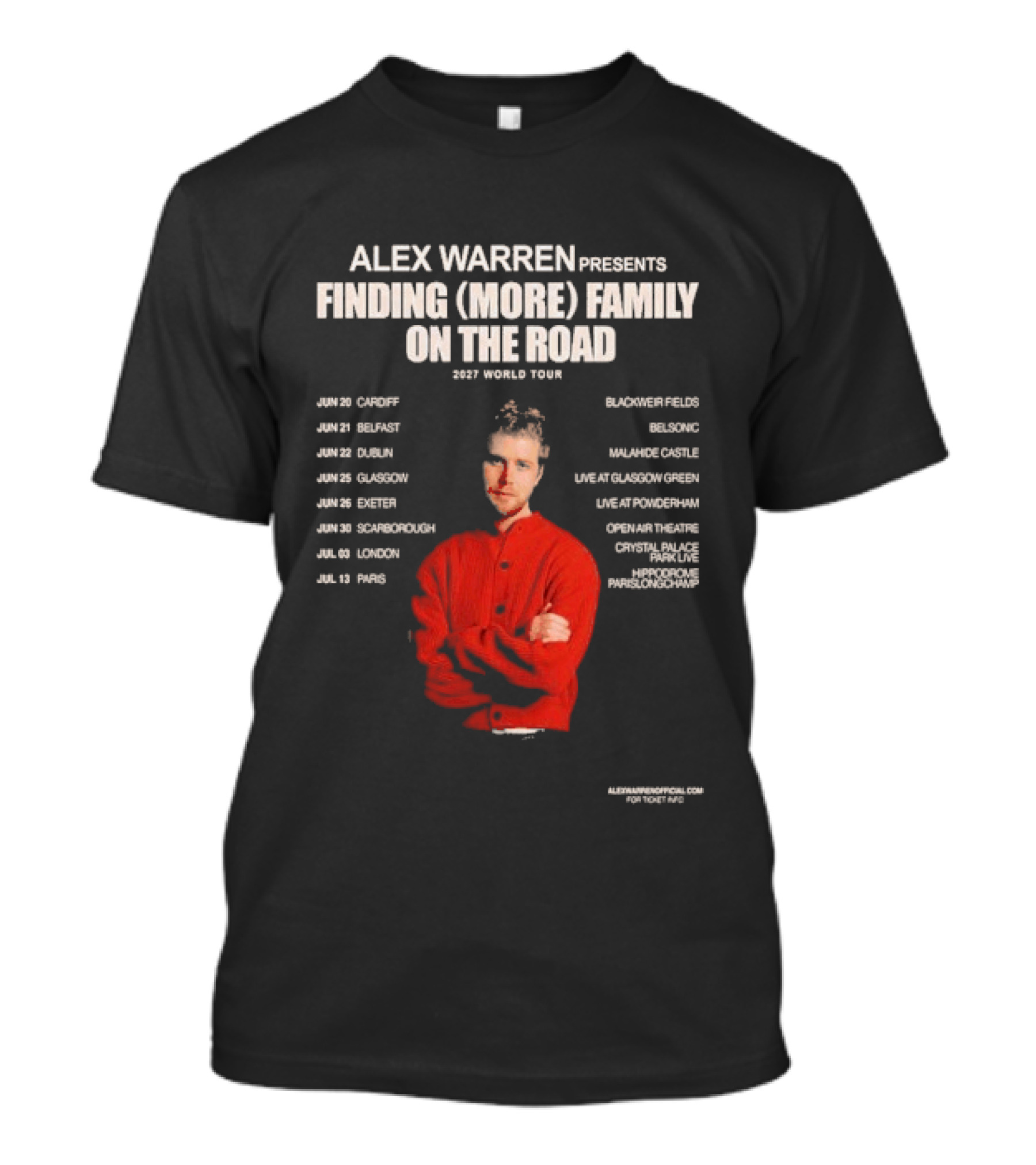 Alex Warren Presents Finding More Family On The Road 2027 World Tour Dates Featuring Europe Venues T-Shirt