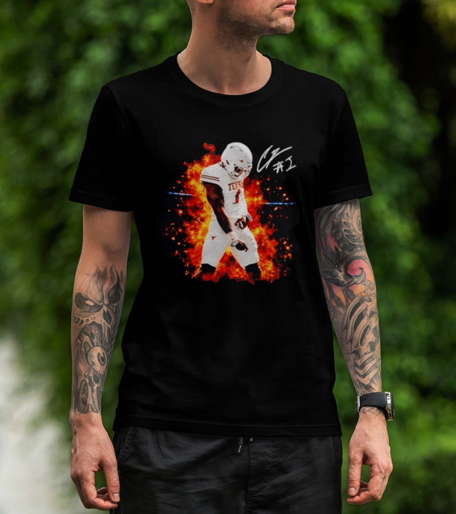 Colin Simmons Texas Longhorns Football Flames And Signature T-Shirt