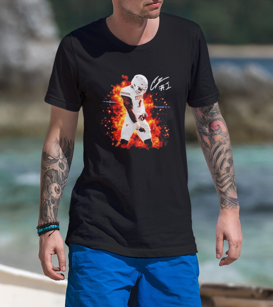 Colin Simmons Texas Longhorns Football Flames And Signature T-Shirt