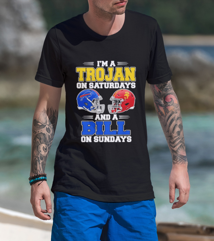 I'm A Trojan On Saturdays And A Bill On Sundays USC And Buffalo Football Helmets T-Shirt