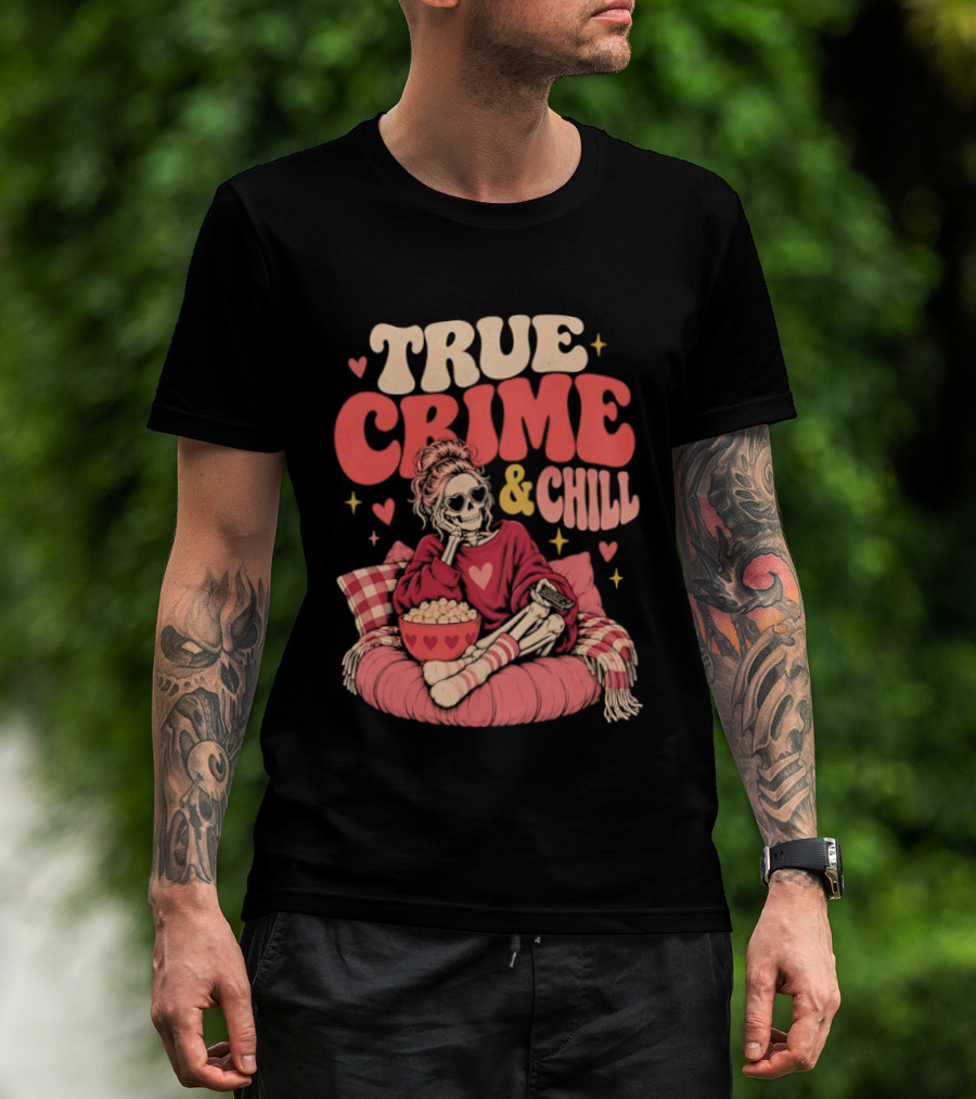 True Crime & Chill Skeleton Halloween 2026 Cozy Popcorn Vibes T-Shirt