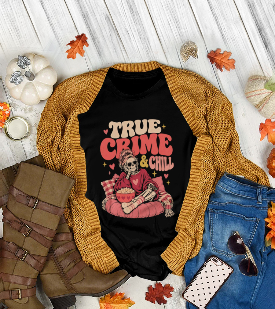 True Crime & Chill Skeleton Halloween 2026 Cozy Popcorn Vibes T-Shirt