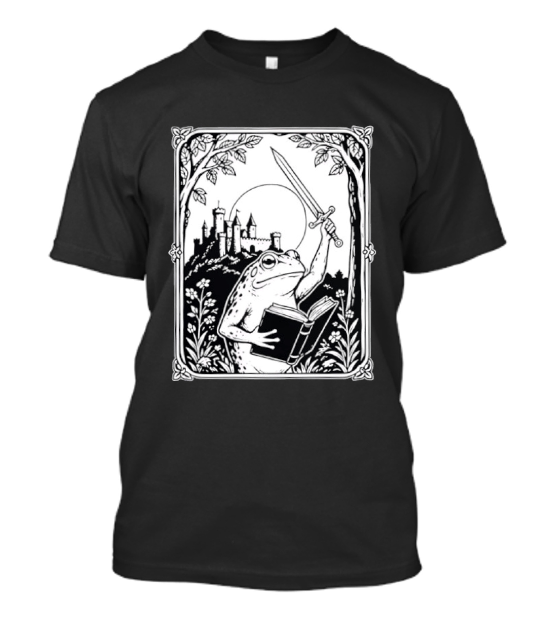 Warrior Frog Reading Book With Sword And Castle In Black And White Scene T-Shirt