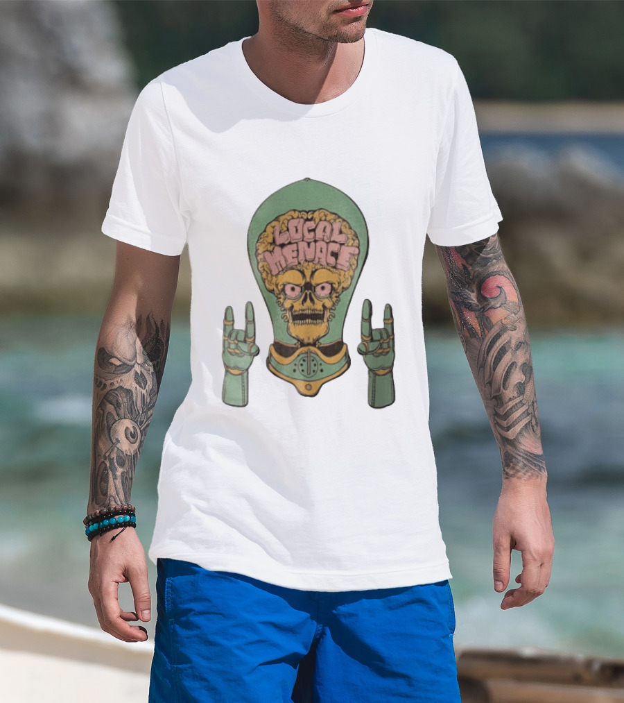 Local Menace Skull Exposed Brain Lightbulb Rock Hand Signs T-Shirt
