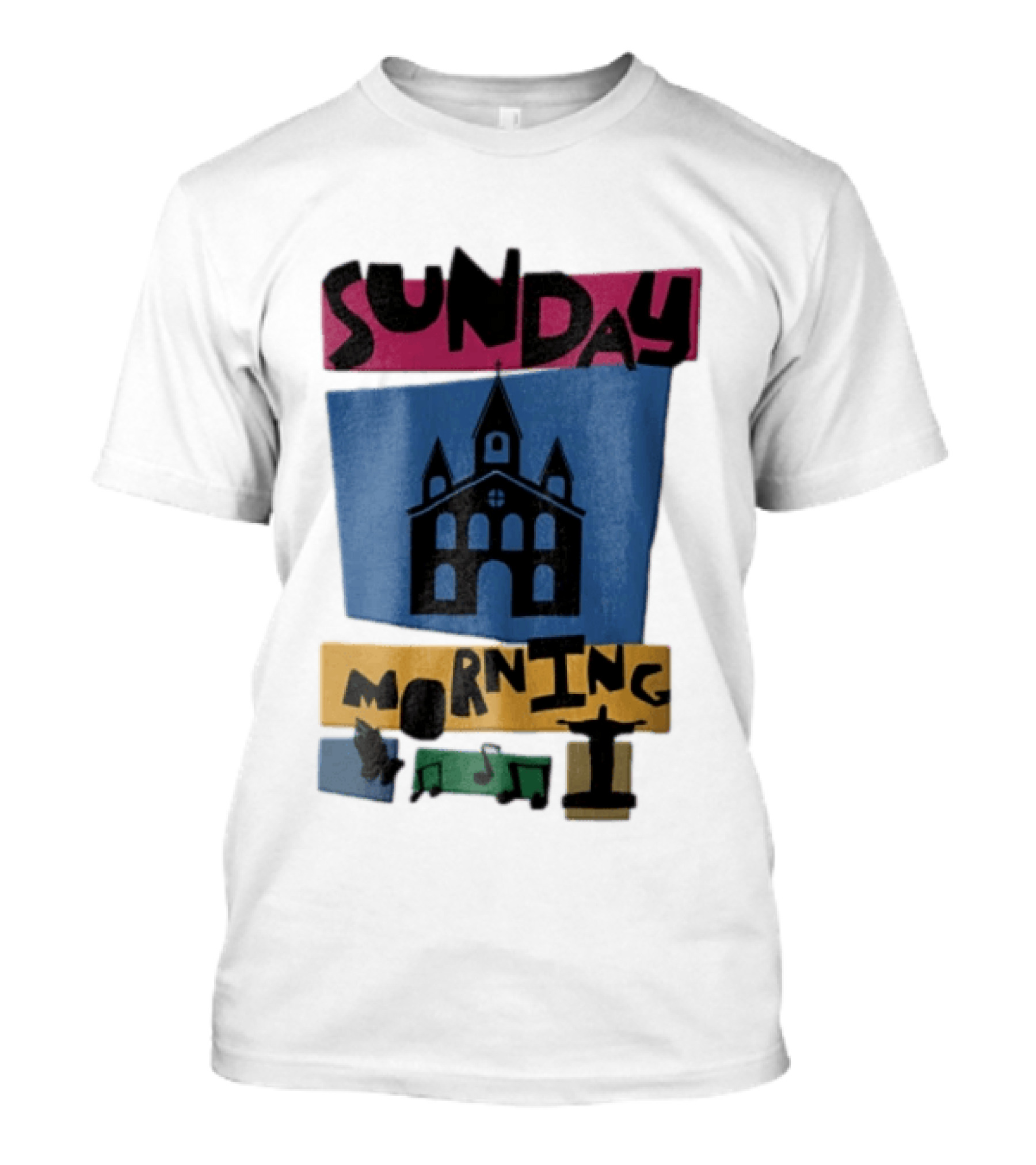 Sunday Morning Church Building Praying Hands Musical Notes Christ The Redeemer T-Shirt