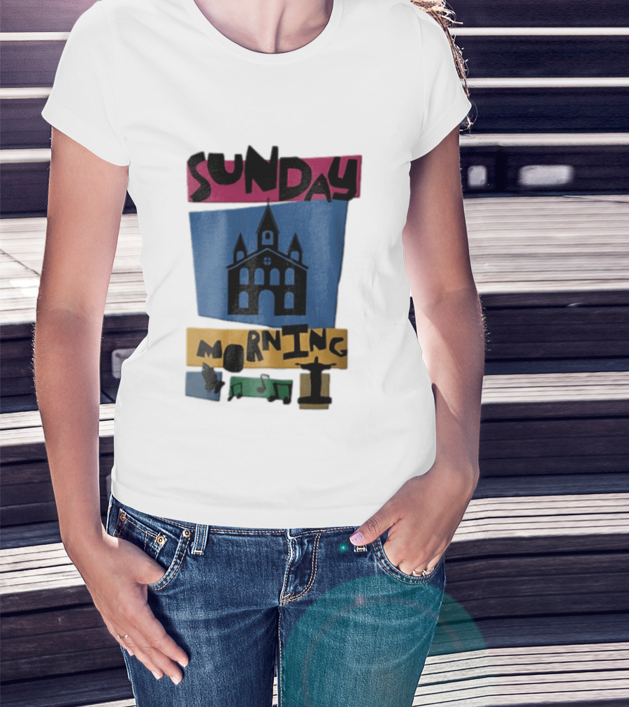 Sunday Morning Church Building Praying Hands Musical Notes Christ The Redeemer T-Shirt